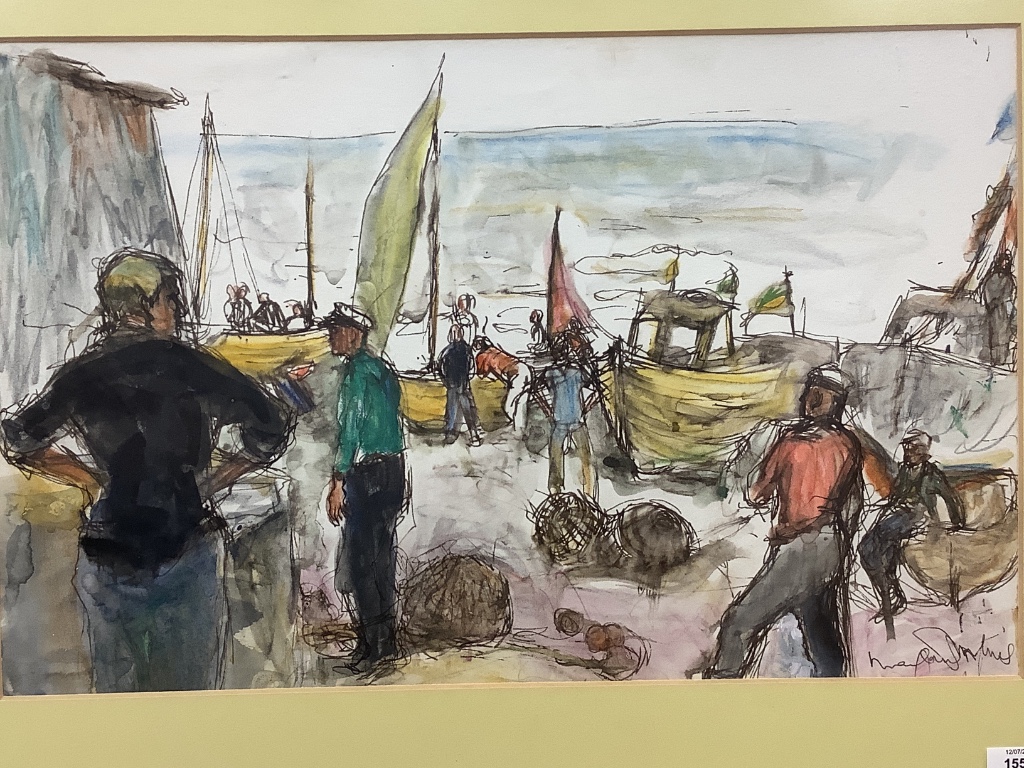 Margaret Milnes (1908-1998), two watercolours, Market Scene, Portugal and Fishermen, Portugal, 33 x 50cm & 30 x 47cm